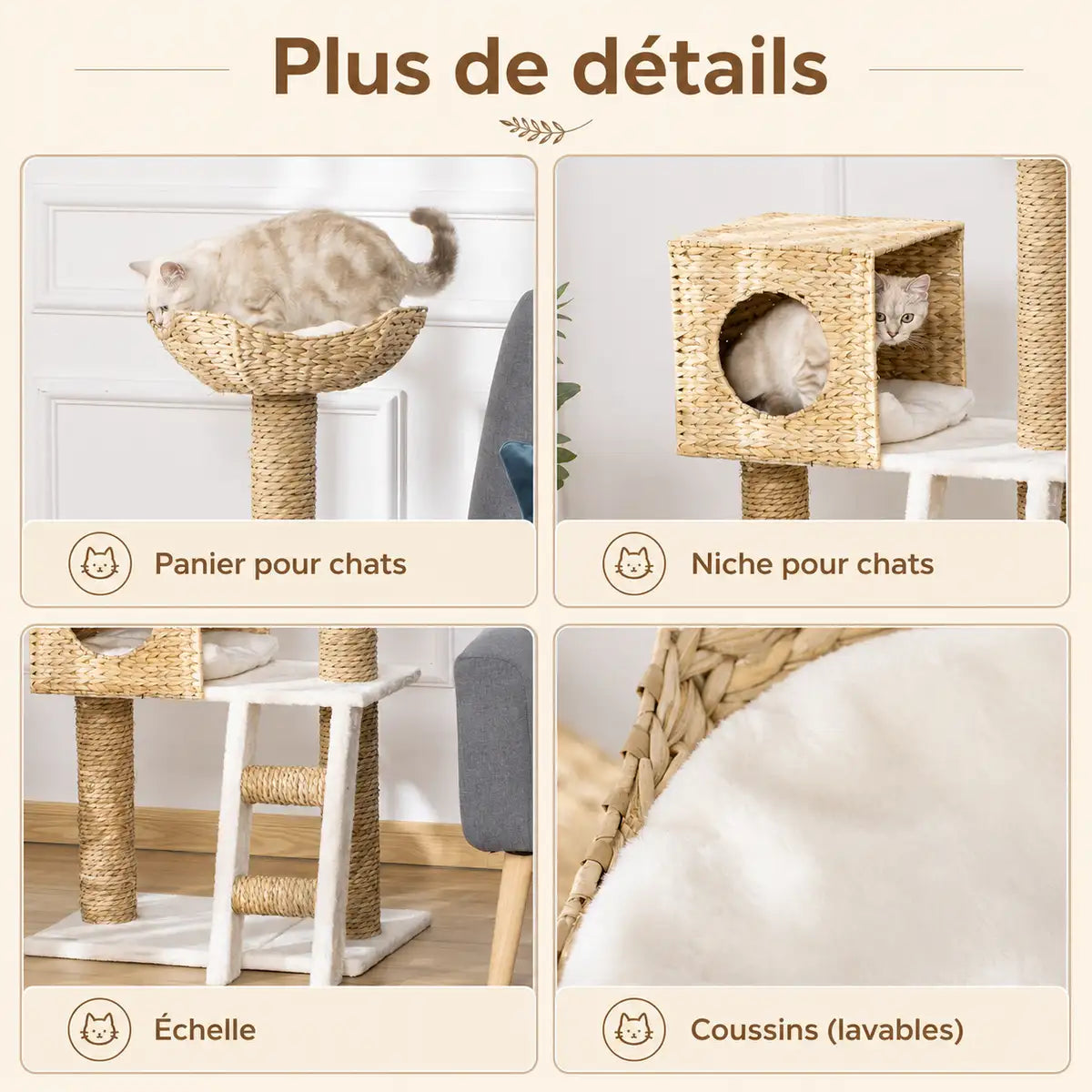 Quatre gros plans détaillant les éléments de l'arbre : panier suspendu, niche fermée, échelle blanche, et coussins lavables en osier naturel.