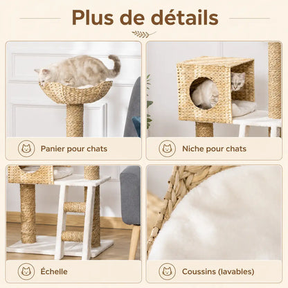 Quatre gros plans détaillant les éléments de l'arbre : panier suspendu, niche fermée, échelle blanche, et coussins lavables en osier naturel.