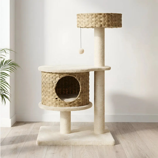 Arbre à chat en osier tressé avec niche cylindrique, poteau en sisal beige et balle suspendue, plante verte en arrière-plan
