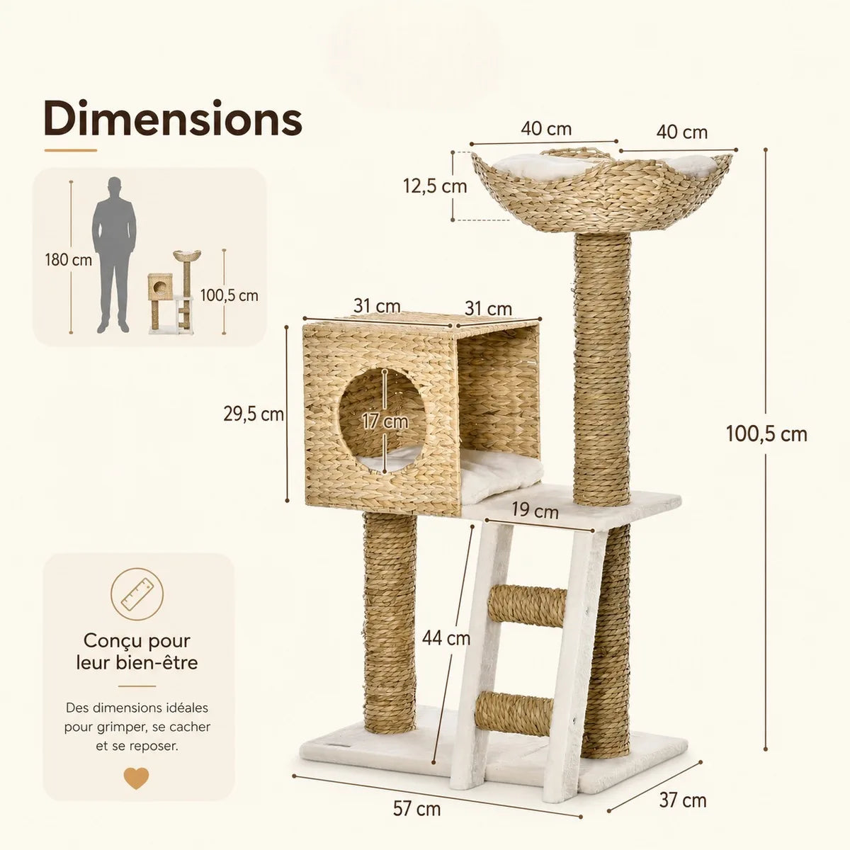 Schéma technique détaillé montrant les dimensions complètes de l'arbre à chat osier avec échelle humaine, niche fermée, échelle blanche et corbeille suspendue.