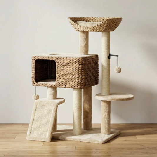 Arbre à chat beige style osier avec niche tressée fermée, plateformes rondes, rampe inclinée et jouets suspendus.