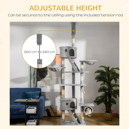 Infographie arbre à chat plafond à hauteur ajustable de 240 à 260 cm avec tige de tension