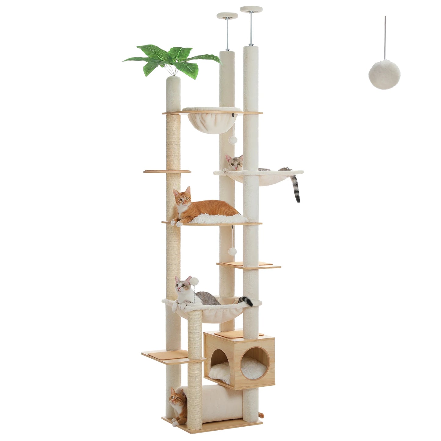 Vue complète de l'arbre à chat fixation plafond coloris beige sur fond blanc