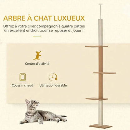 Arbre à chat plafond luxueux avec coussin chaud et zone d'activité, chat allongé au sol