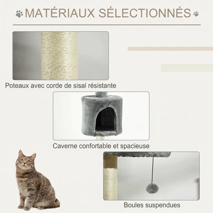 Gros plan des matériaux de l'arbre à chat plafond : corde sisal résistante, niche et boules suspendues