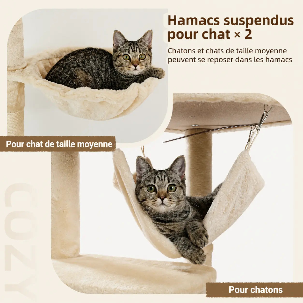 Deux hamacs suspendus en beige intégrés à l'arbre à chat, avec un chat tabby allongé dans le hamac supérieur et un autre dans le hamac inférieur.