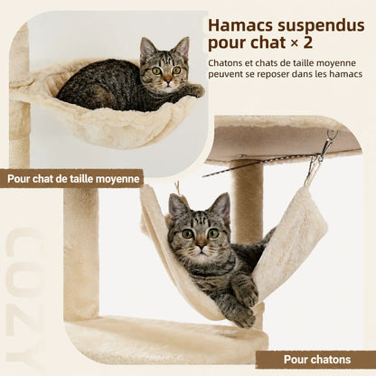 Deux hamacs suspendus en beige intégrés à l'arbre à chat, avec un chat tabby allongé dans le hamac supérieur et un autre dans le hamac inférieur.