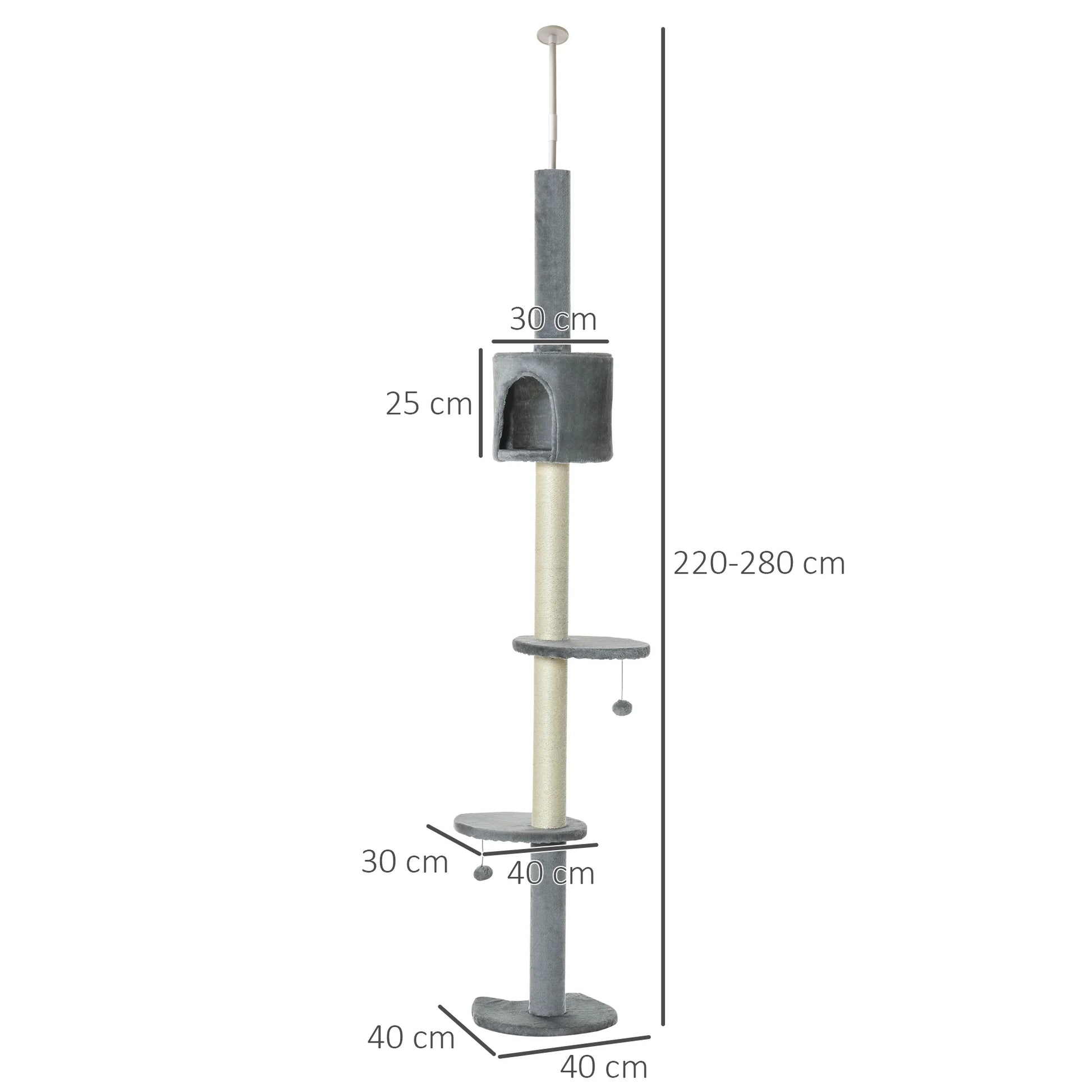 Schéma dimensions arbre à chat fixation plafond de 220 à 280 cm de hauteur
