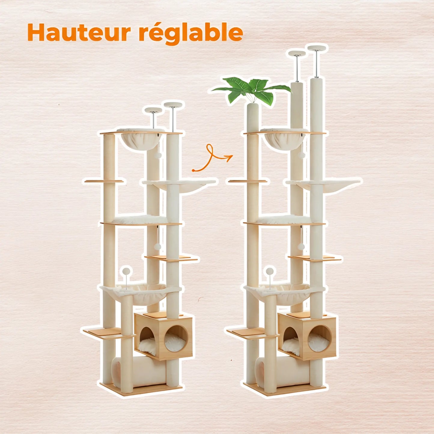 Comparaison des deux hauteurs réglables d'un arbre à chat sol plafond beige
