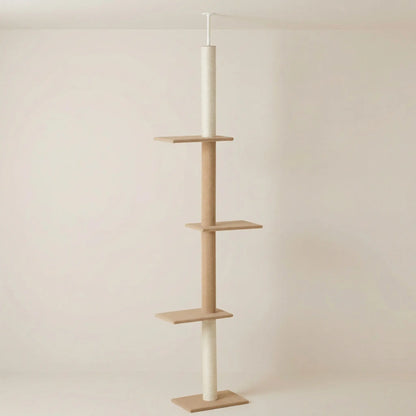 Arbre à chat fixation plafond luxe avec 4 plateformes en bois naturel sur fond beige