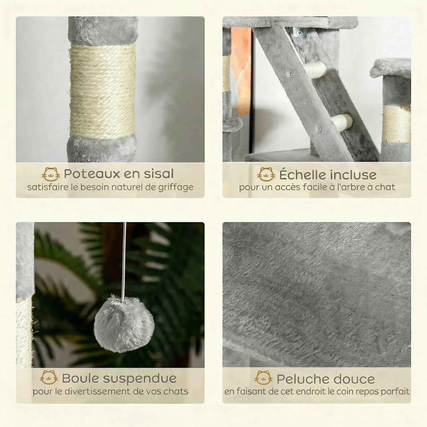 Gros plan des matériaux de l'arbre à chat plafond gris : sisal, échelle, boule suspendue et peluche
