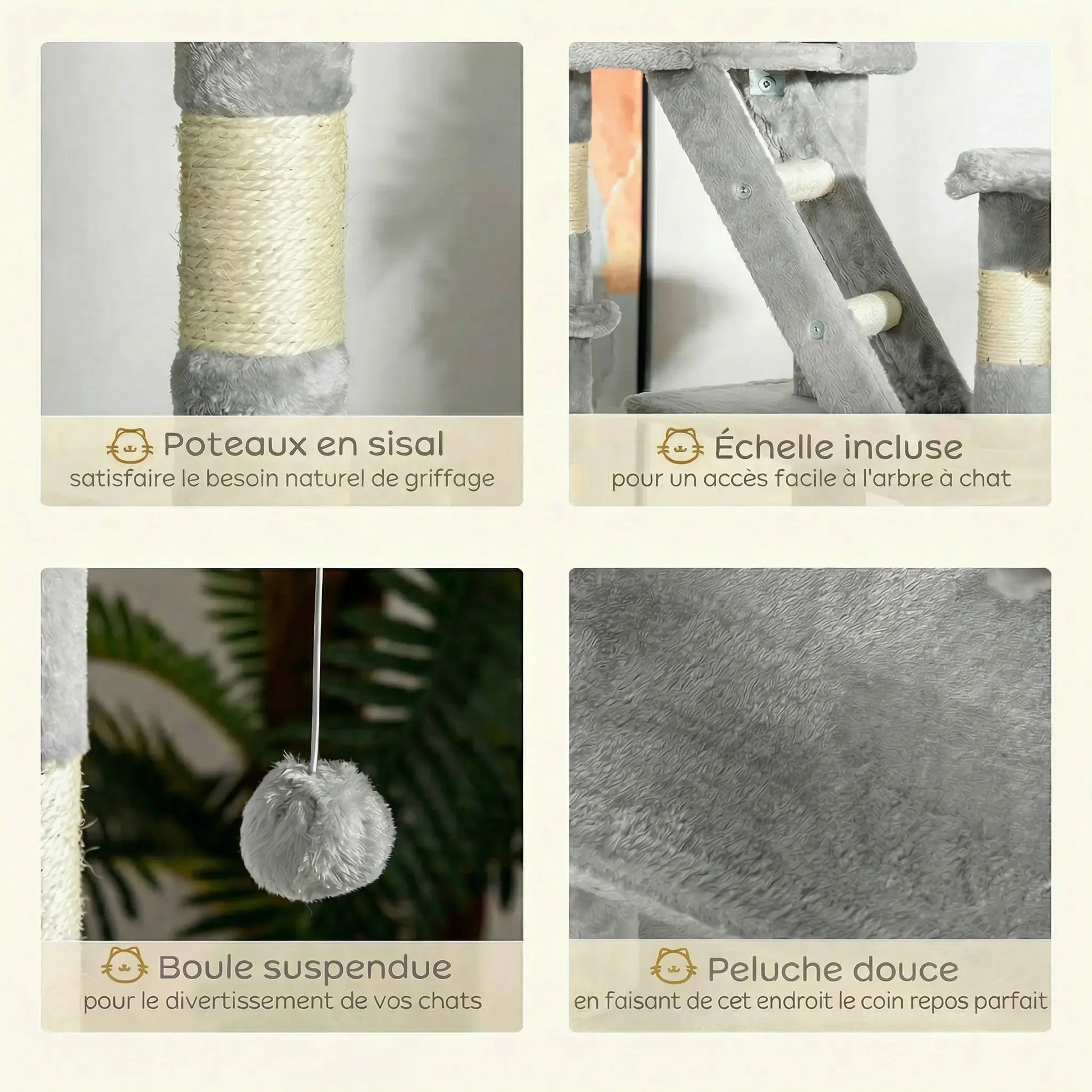 Gros plan des matériaux de l'arbre à chat plafond gris : sisal, échelle, boule suspendue et peluche