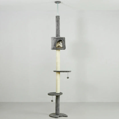 Arbre à chat fixation plafond design minimaliste gris avec niche et plateformes rondes