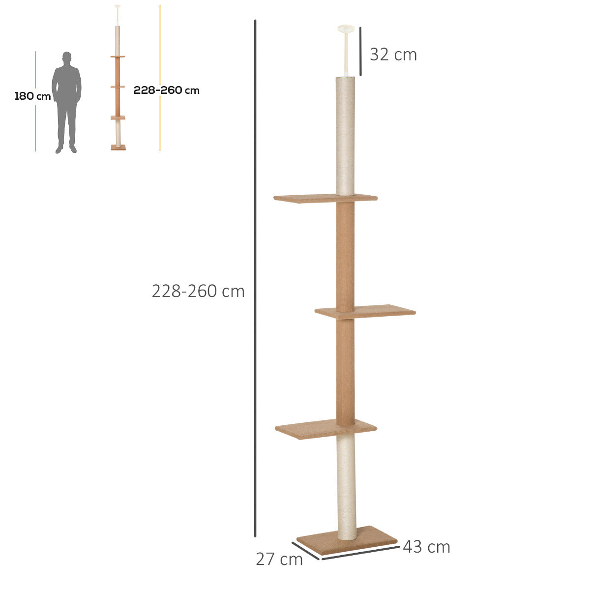 Schéma technique dimensions arbre à chat fixation plafond de 228 à 260 cm