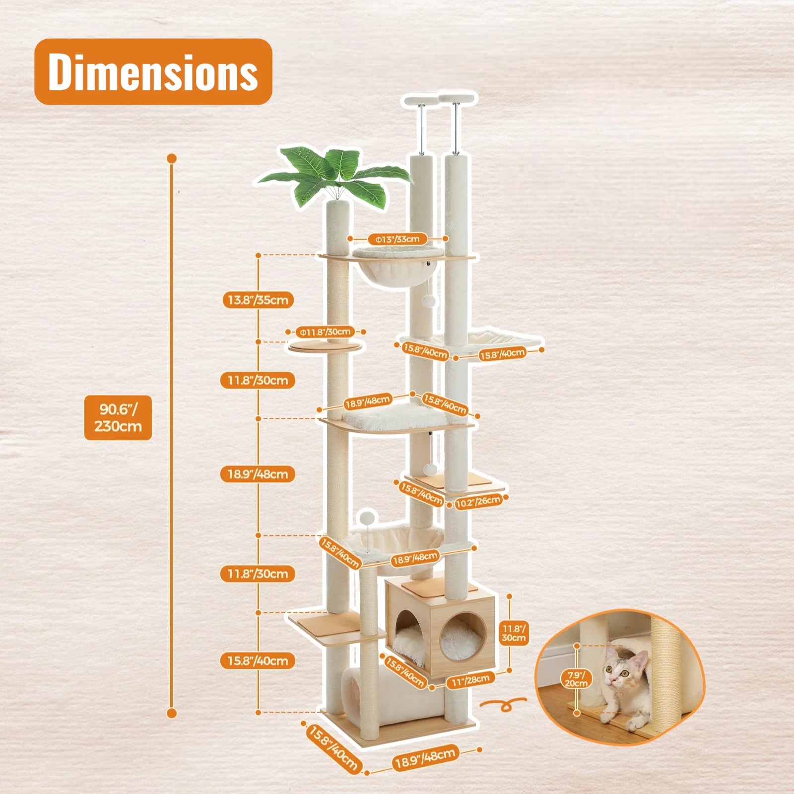 Schéma technique des dimensions et niveaux d'un arbre à chat sol plafond