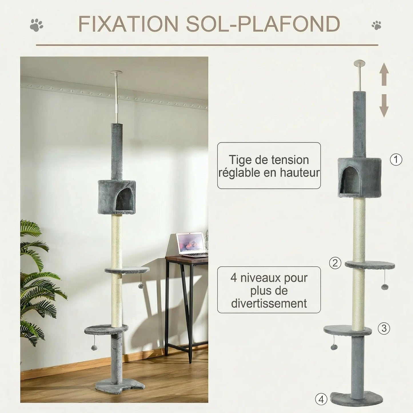 Détail de la tige de tension réglable pour la fixation sol plafond de l'arbre à chat