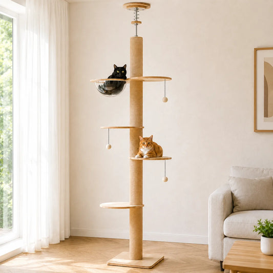 Arbre à chat sol-plafond en bois naturel avec hamac transparent, plateformes, jouets suspendus, deux chats en usage dans intérieur clair.