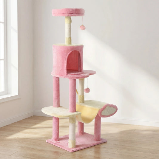 Arbre à chat rose multi-niveaux avec niche, hamac jaune, perchoir supérieur rembourré et poteaux en sisal