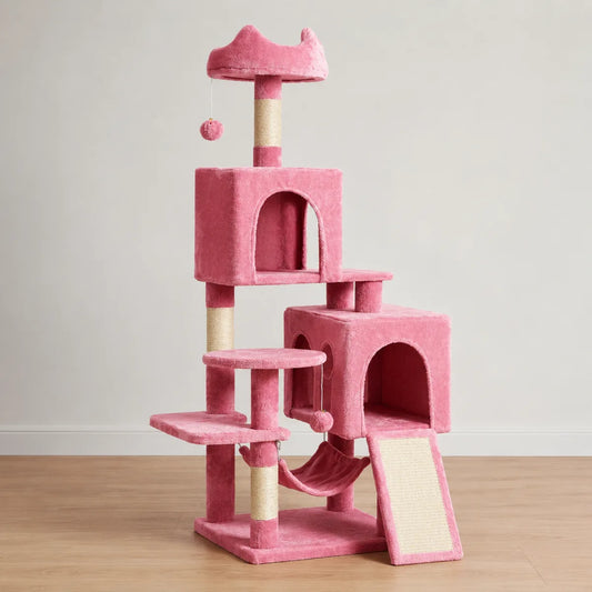Arbre à chat rose avec deux refuges fermés, perchoirs, rampe grattante et hamac suspendu, jouet pendant inclus.