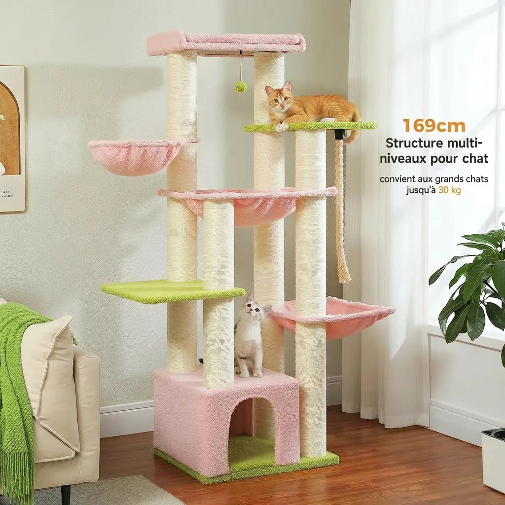Arbre à chat rose et vert 169 cm installé dans un salon avec deux chats répartis sur les niveaux