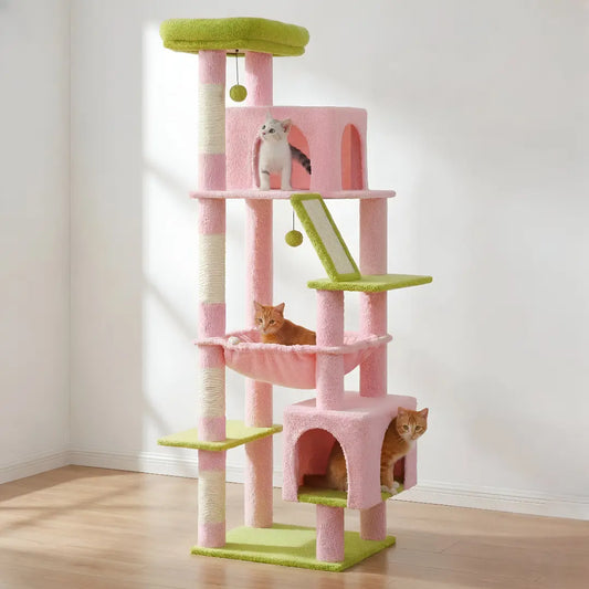Grand arbre à chat rose et vert 180 cm avec niche, hamac, rampe de glisse et deux chats répartis sur les niveaux