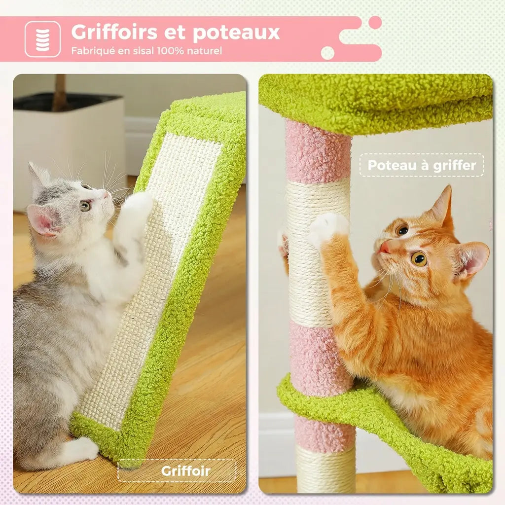 Chat roux qui utilise le griffoir incliné et le poteau en sisal de l'arbre à chat rose et vert