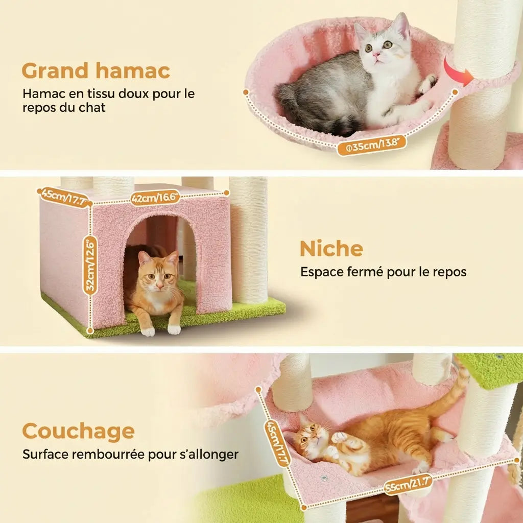 Les trois zones de repos de l'arbre à chat rose et vert : grand hamac, niche espace fermé et couchage rembourré