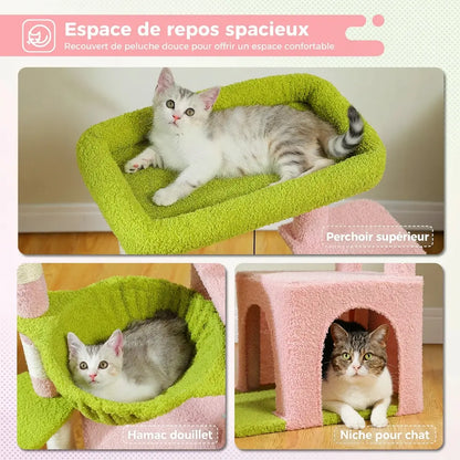 Détail des espaces de repos de l'arbre à chat rose et vert : perchoir supérieur, hamac douillet et niche avec chat installé