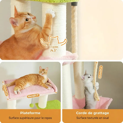 Gros plan des poteaux en sisal de 11 cm et de la corde de grattage de l'arbre à chat rose et vert avec chats roux