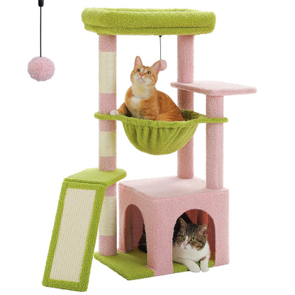 Vue produit de l'arbre à chat rose et vert sur fond blanc avec chat dans le hamac et niche visible