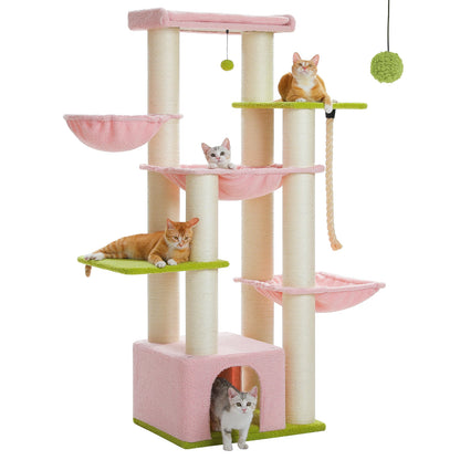 Vue produit de l'arbre à chat rose et vert sur fond blanc avec deux chats dans le hamac et la niche