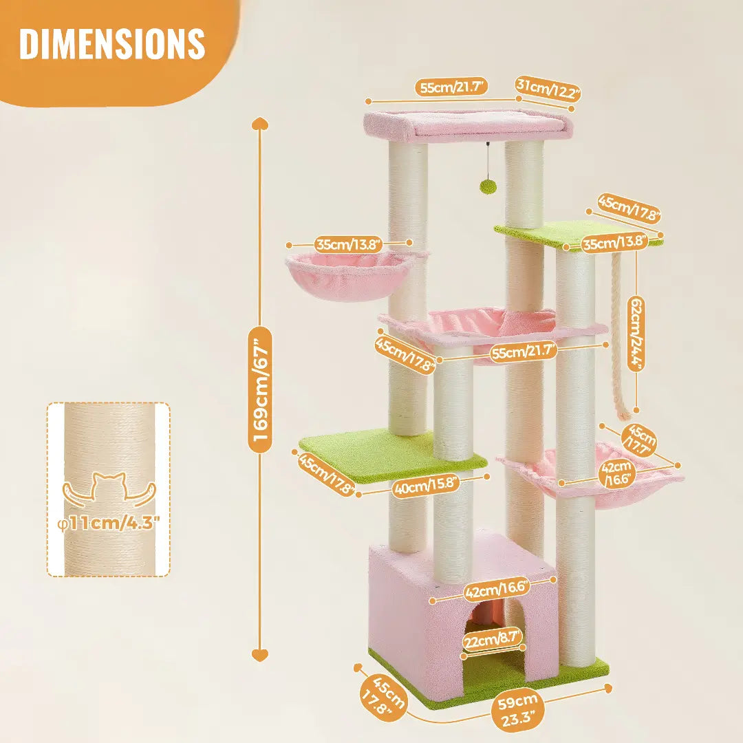 Schéma des dimensions de l'arbre à chat rose et vert 169 cm avec toutes les mesures annotées