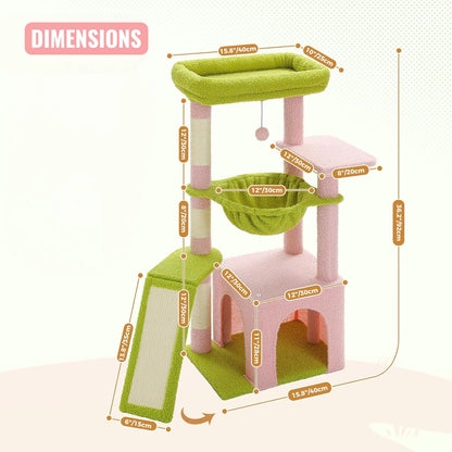 Schéma des dimensions de l'arbre à chat rose et vert compact avec toutes les mesures annotées en orange
