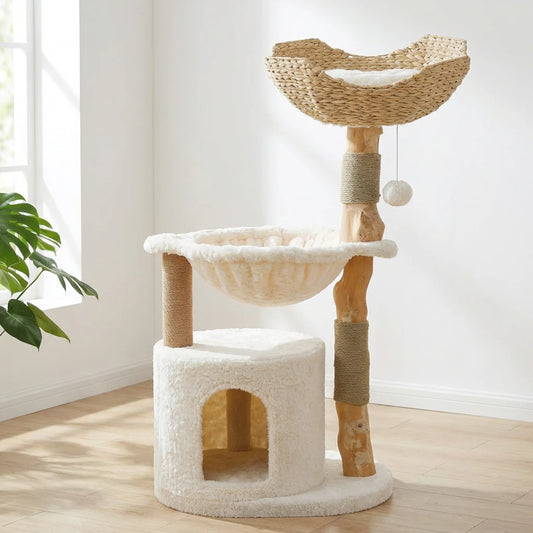 Arbre à chat rotin artisanal avec branches naturelles épaisses, niche ronde en bouclette blanche et hamac tressé