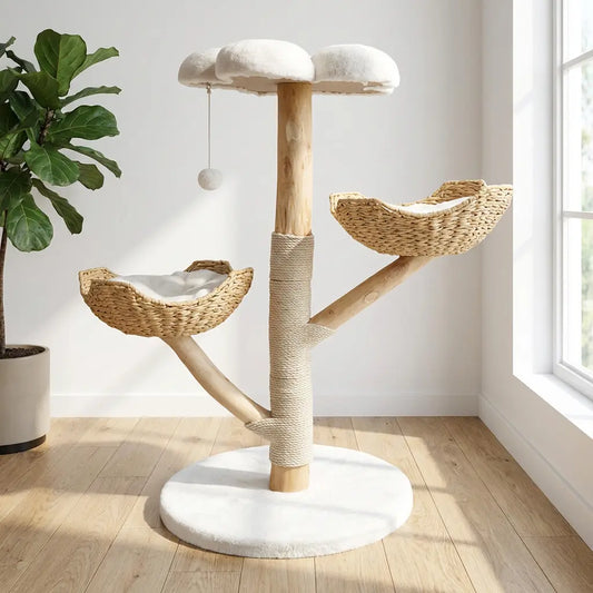 Arbre à chat en rotin et bois massif naturel avec deux paniers tressés, coussin rembourré et plante verte