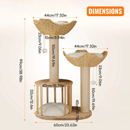 Schéma des dimensions de l'arbre à chat rotin avec base 60 cm et mesures détaillées des paniers et niche