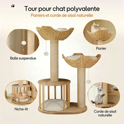 Infographie de la tour pour chat polyvalente en rotin avec balle suspendue, paniers, niche-lit et corde sisal naturelle