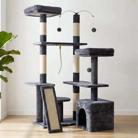 Arbre à chat XXL gris anthracite modulable présentant ses deux configurations possibles avec poteaux sisal