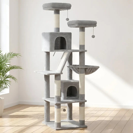Arbre à chat XXL gris clair avec grande niche, hamac incliné, perchoir rond et multiples poteaux sisal