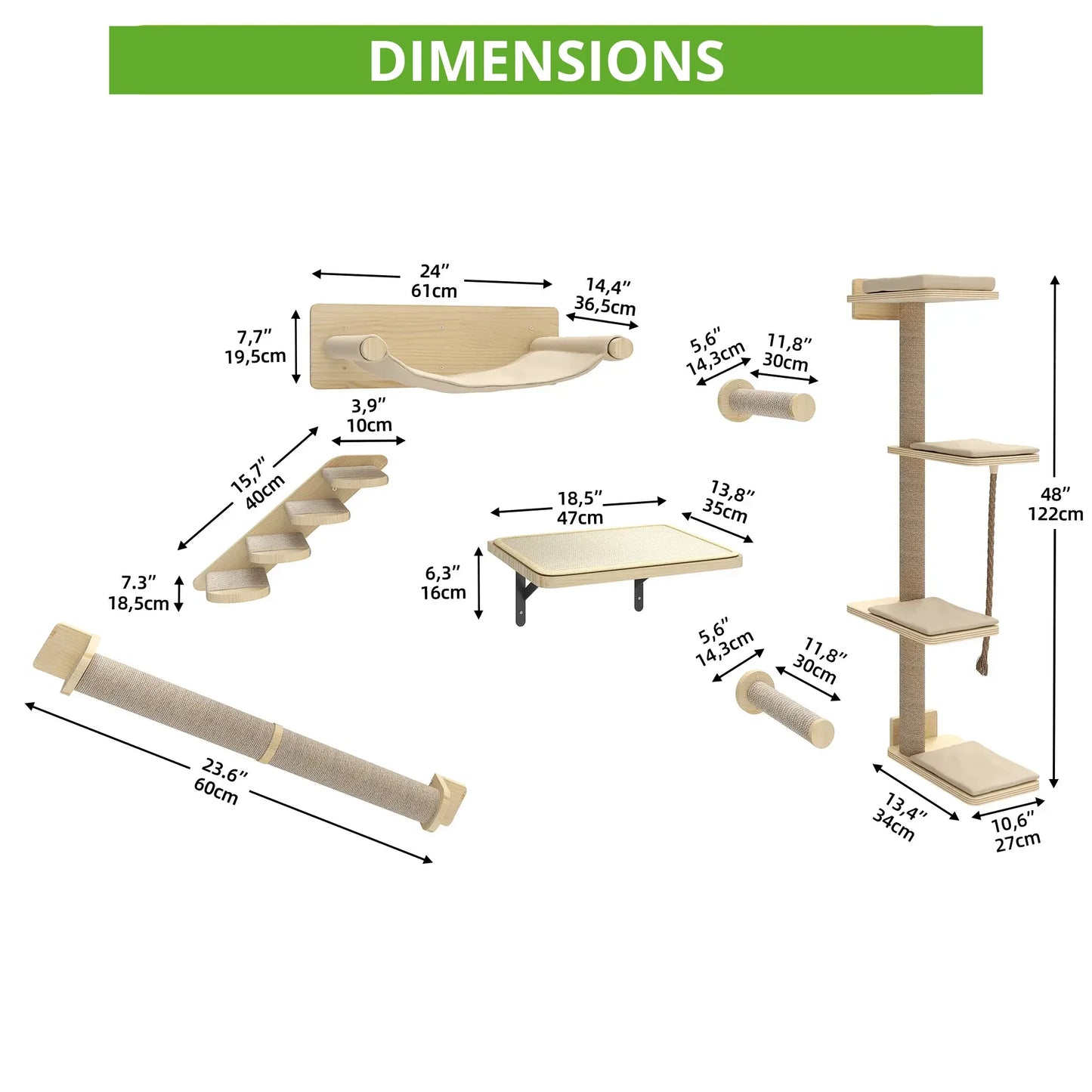 Schéma des dimensions d’un arbre à chat mural modulable indiquant les mesures des plateformes, rampes et supports muraux.