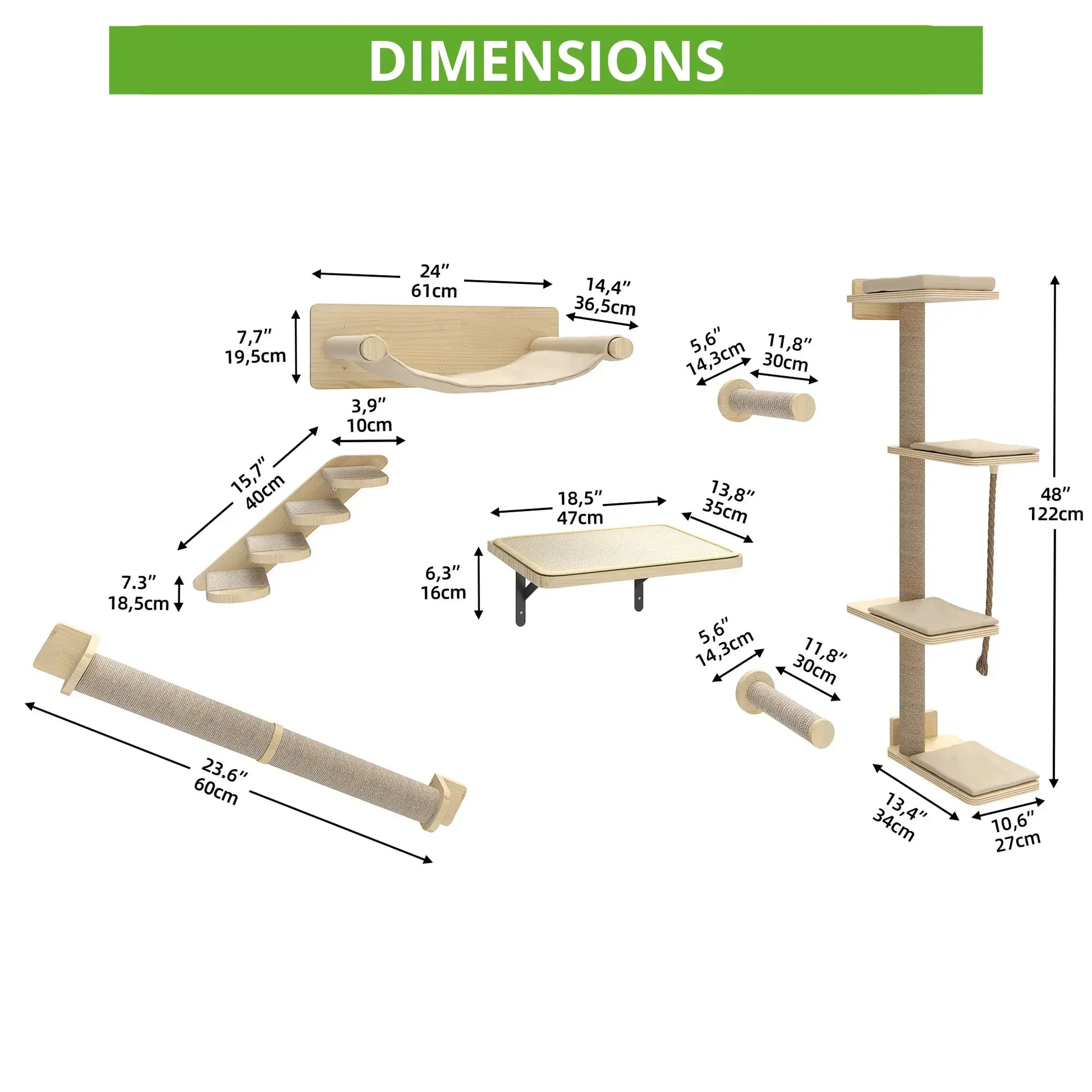 Schéma des dimensions d’un arbre à chat mural modulable indiquant les mesures des plateformes, rampes et supports muraux.