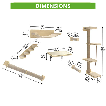 Schéma des dimensions d’un arbre à chat mural modulable indiquant les mesures des plateformes, rampes et supports muraux.