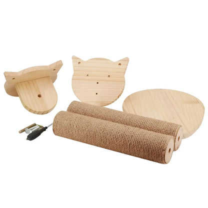 Éléments d’arbre à chat mural en bois avec griffoir en sisal, supports muraux et plateforme de repos.
