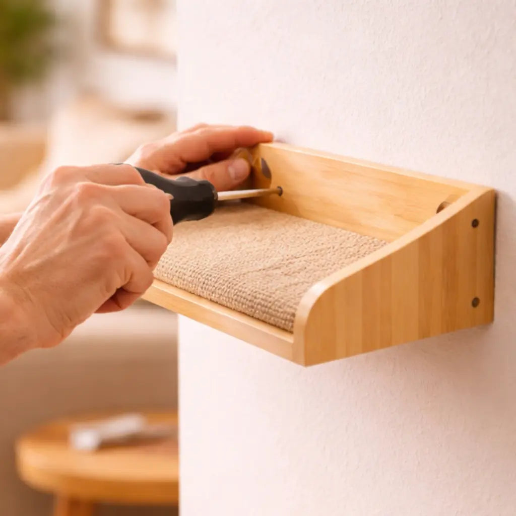 Mains fixant une petite étagère murale en bois pour chat sur un mur blanc dans un salon lumineux