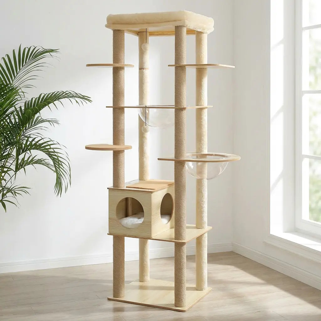 Grand arbre à chat en bois beige avec bulle transparente suspendue, niche cube et plateformes sisal, plante verte à gauche
