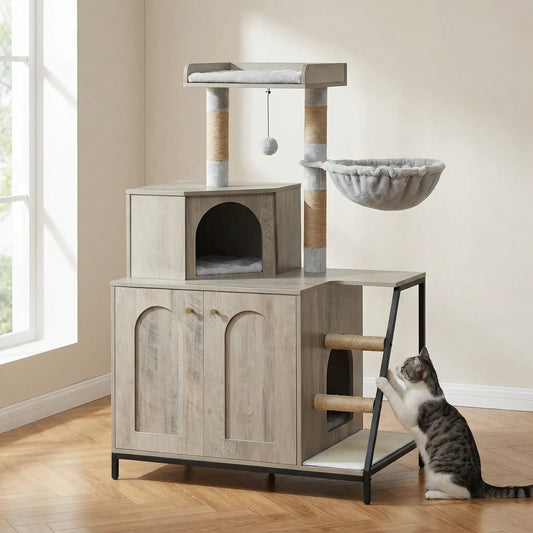 Meuble arbre à chat 4-en-1 avec escalier intégré et griffoir sisal naturel coloris chêne gris