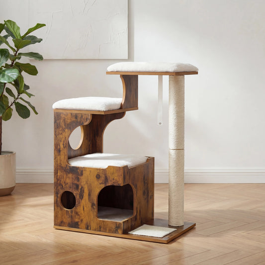 Meuble arbre à chat bois brûlé avec poteau sisal blanc et deux niveaux de plateformes rembourrées