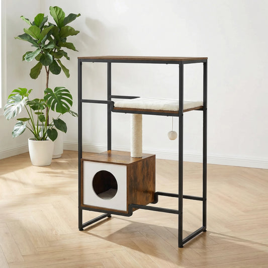 Meuble arbre à chat cadre métal noir avec niche bois et plante verte en arrière-plan