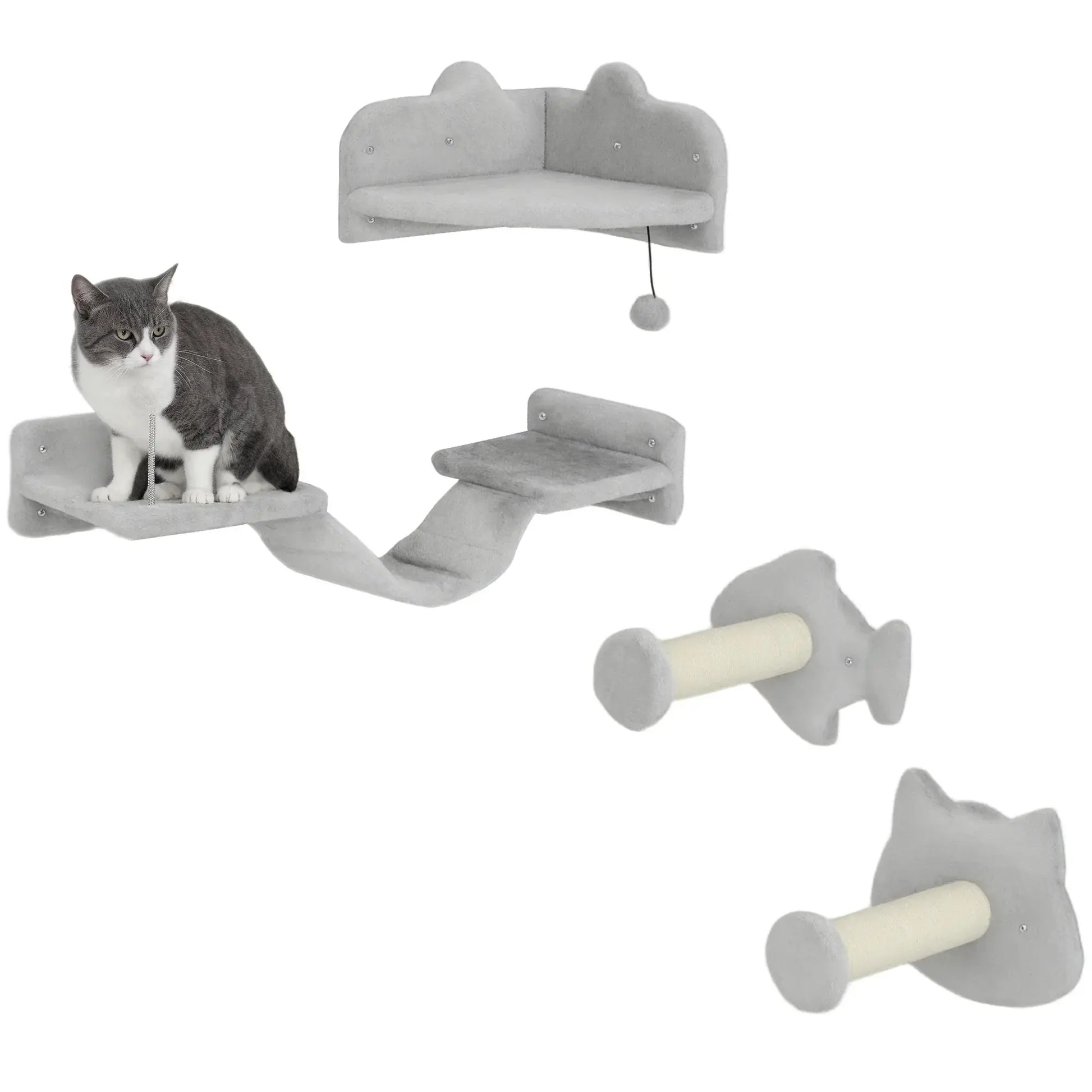 Modules d’arbre à chat mural comprenant plateforme murale, marches et éléments à griffer, présentés individuellement.