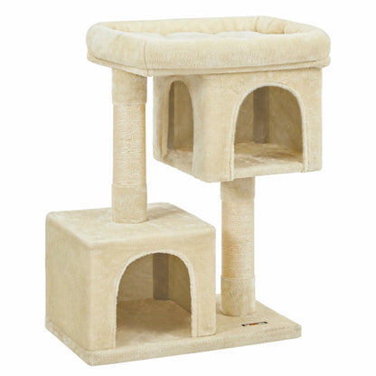 Vue produit complète du petit arbre à chat beige deux niches sur fond blanc
